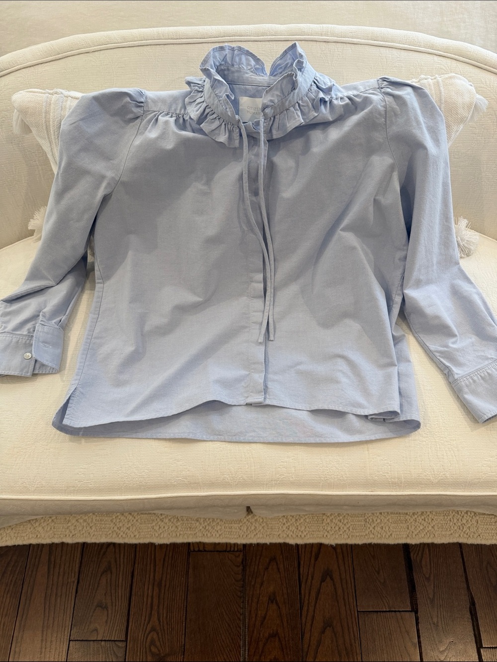 Citizens of Humanity Light Blue Ruffle Collar Women's Button-Up Top, Size Medium